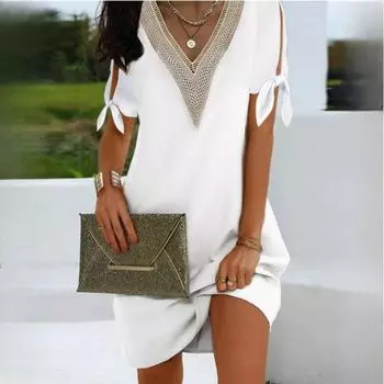 Женские модные кружевные платья с разрезом на рукаве и бантом S белый