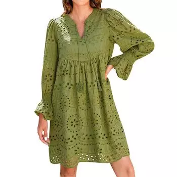 Женские модные кружевные повседневные платья с длинным рукавом и V-образным вырезом L