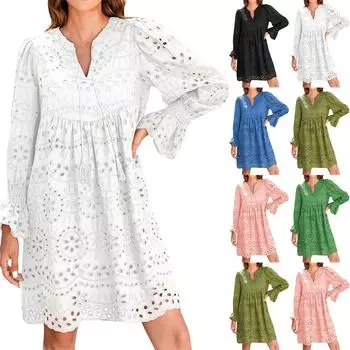 Женские модные кружевные повседневные платья с длинным рукавом и V-образным вырезом XL