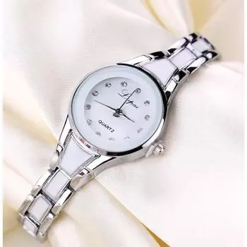 Женские модные кварцевые часы со стальным ремешком подходят ко всему розового золота/белый