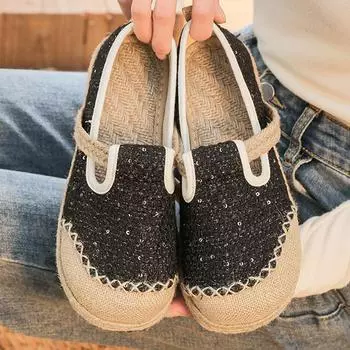 Женские модные льняные туфли на плоской подошве из парусины в этническом стиле с круглым носком 35 чёрный