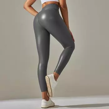 Женские модные леггинсы из искусственной кожи с высокой талией, однотонные облегающие штаны для йоги XS серый