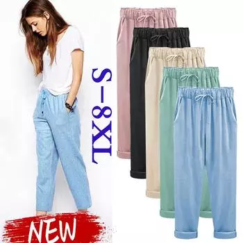 Женские модные летние большие размеры 8XL, свободные тонкие льняные удобные повседневные брюки 2XL чёрный