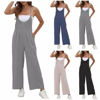 Женские модные летние однотонные брюки без рукавов с v-образным вырезом, широкие брюки, комбинезон L чёрный