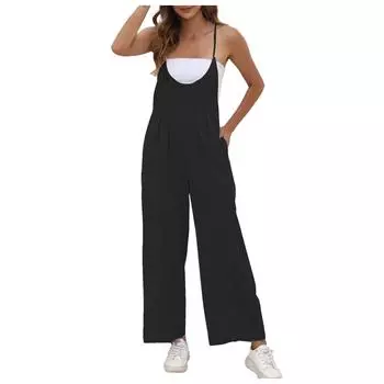 Женские модные летние однотонные брюки без рукавов с v-образным вырезом, широкие брюки, комбинезон S чёрный