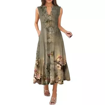 Женские модные летние платья без рукавов с V-образным вырезом и винтажным цветочным принтом в складку XL