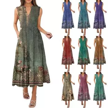 Женские модные летние платья без рукавов с V-образным вырезом и винтажным цветочным принтом в складку XXL