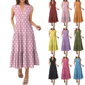 Женские модные летние платья без рукавов с V-образным вырезом и принтом в горошек, плиссированные S винный