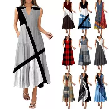 Женские модные летние платья без рукавов с V-образным вырезом и плиссировкой в стиле пэчворк S чёрный