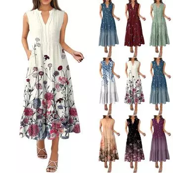 Женские модные летние платья без рукавов с V-образным вырезом и винтажным цветочным принтом в складку L чёрный