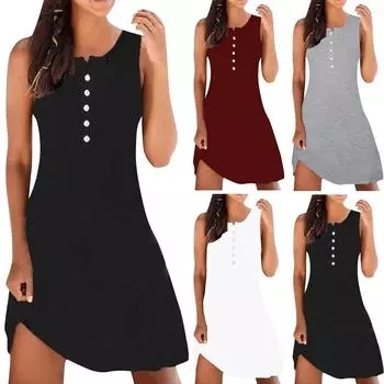 Женские модные летние платья для женщин 2022, однотонное повседневное платье на пуговицах S чёрный