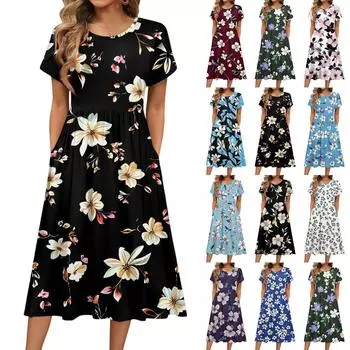 Женские модные летние пляжные платья с круглым вырезом и коротким рукавом с цветочным принтом XXL винный