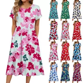 Женские модные летние пляжные платья с круглым вырезом и коротким рукавом с цветочным принтом XL белый
