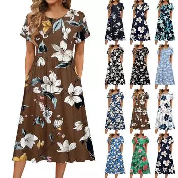 Женские модные летние пляжные платья с круглым вырезом и коротким рукавом с цветочным принтом M
