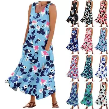 Женские модные летние повседневные платья без рукавов с цветочным принтом и маленькими карманами M