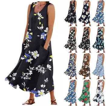 Женские модные летние повседневные платья без рукавов с цветочным принтом и маленькими карманами S синий