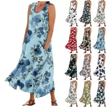 Женские модные летние повседневные платья без рукавов с цветочным принтом и маленькими карманами M синий