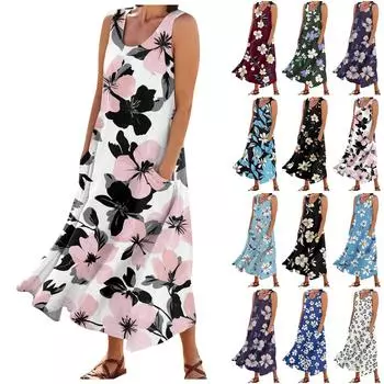 Женские модные летние повседневные платья без рукавов с цветочным принтом и маленькими карманами L тёмно-синий