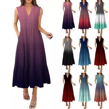 Женские модные летние повседневные платья с V-образным вырезом без рукавов и градиентной складкой L фиолетовый