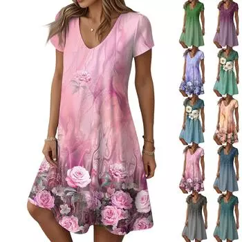 Женские модные летние повседневные платья с коротким рукавом и цветочным принтом L