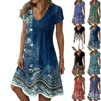 Женские модные летние повседневные платья с коротким рукавом и цветочным принтом L чёрный