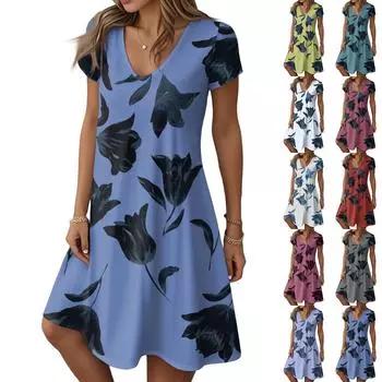 Женские модные летние повседневные платья с коротким рукавом и цветочным принтом XXL