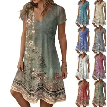 Женские модные летние повседневные платья с коротким рукавом и цветочным принтом L красный