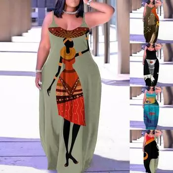 Женские модные летние солнцезащитные платья Длинные спагетти с регулируемым ремешком без рукавов с цветочным принтом Повседневное длинное платье макси для женщин с карманами L чёрный