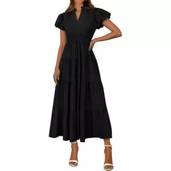 Женские модные летние свободные платья с V-образным вырезом и рукавами-фонариками для отдыха в однотонном цвете L чёрный