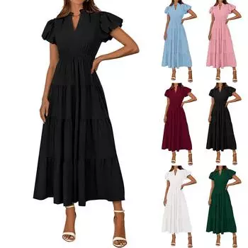 Женские модные летние свободные платья с V-образным вырезом и рукавами-фонариками для отдыха в однотонном цвете S белый