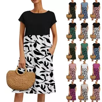 Женские модные летние свободные повседневные платья с цветочным принтом и высокой талией и коротким рукавом XL зелёный