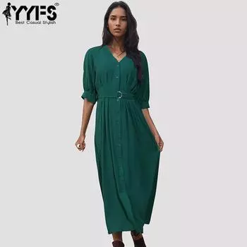Женские модные летние весенние однотонные повседневные платья с поясом YYFS с рукавами 1/2 и v-образным вырезом со средней талией S зелёный