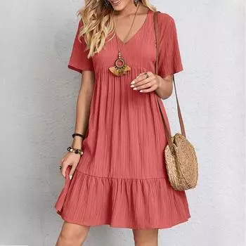 Женские модные летние весенние однотонные повседневные платья с v-образным вырезом и короткими рукавами и высокой талией S красный