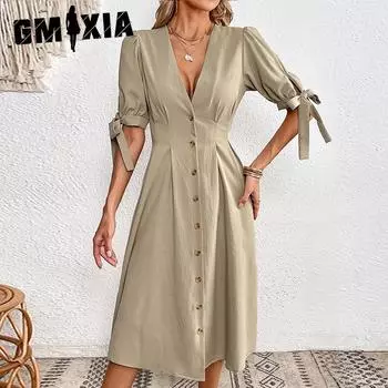 Женские модные летние весенние однотонные повседневные платья с v-образным вырезом и короткими рукавами и высокой талией S абрикосовый