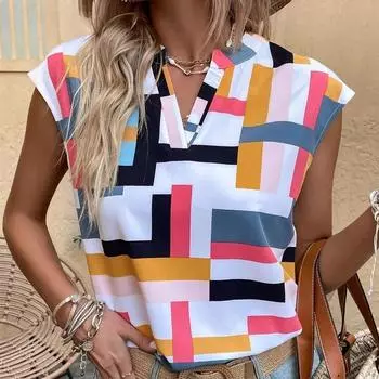Женские модные летние весенние повседневные блузки и рубашки без рукавов с v-образным вырезом и геометрическим принтом S