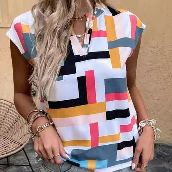 Женские модные летние весенние повседневные блузки и рубашки без рукавов с v-образным вырезом и геометрическим принтом S белый