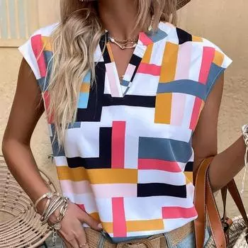 Женские модные летние весенние повседневные блузки и рубашки без рукавов с v-образным вырезом и геометрическим принтом S