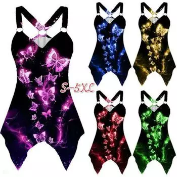 Женские модные майки с 3D принтом бабочки, летние футболки без рукавов с нерегулярным подолом и графическим рисунком, женские сексуальные топы с бретельками, рубашка больших размеров L синий