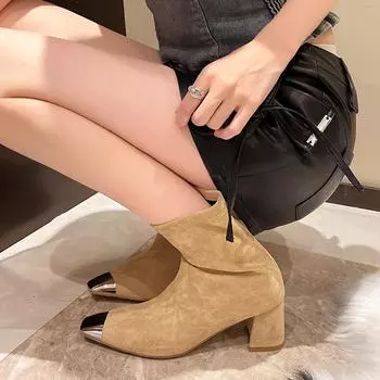 Женские модные массивные ботильоны, осенние, новые, замшевые, с квадратной головкой, с боковой молнией, удобные, на высоком каблуке, тонкие ботинки 35 хаки
