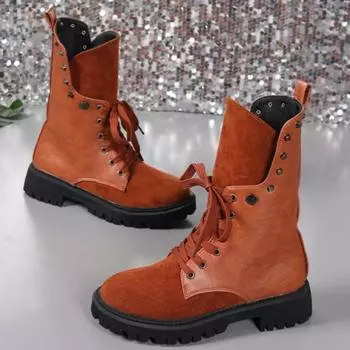 Женские модные массивные ботинки, осенние, новые, с круглым носком, со шнуровкой спереди, замшевые, с заклепками, на мягкой подошве, на платформе, ботильоны 35 коричневый