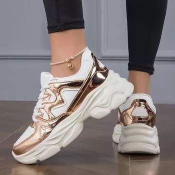 Женские модные массивные кроссовки больших размеров, женские вулканизированные туфли на толстой подошве со шнуровкой 36 золотой