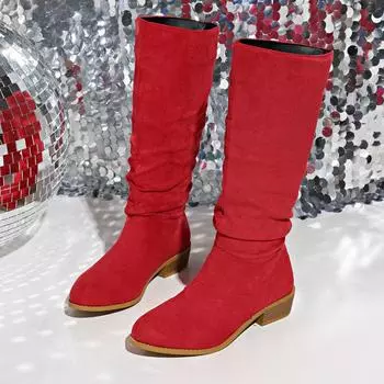 Женские модные массивные одинарные ботинки, новые осенние замшевые с круглым носком, плиссированные рукава, удобные ботинки на высоком каблуке 36 красный