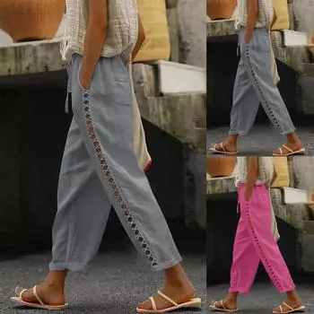 Женские модные мешковатые брюки с карманами, тонкие дышащие кружевные края, полые однотонные повседневные брюки в стиле ретро L серый