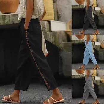 Женские модные мешковатые брюки с карманами, тонкие дышащие кружевные края, полые однотонные повседневные брюки в стиле ретро L чёрный