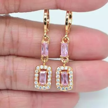 Женские модные милые розовые серьги с кубическим цирконием CZ, прямоугольные серьги, ювелирные изделия розовый