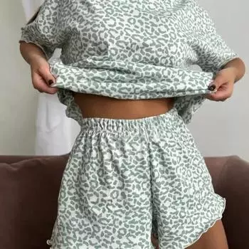 Женские Модные Модели Леопардовый Принт Сексуальная Красотка Круглый Вырез Короткий Рукав Шорты Костюм Пижама Домашняя Одежда S зелёный