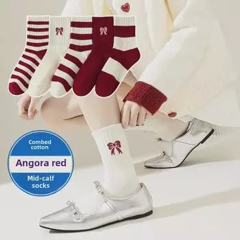 Женские модные носки Ankola: Мода осень/зима, с красным бантом, средней длины, с высокими манжетами, в полоску. One Size