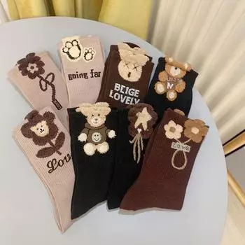 Женские модные носки средней длины с плюшевым медведем и цветком, осень/зима - Кофейный/черный One Size
