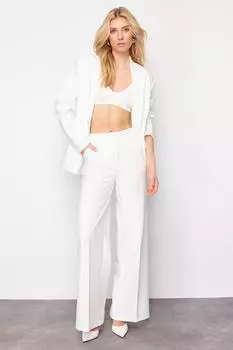 Женские модные новые брюки цвета экрю, широкие тканые брюки с высокой талией и широкими штанинами