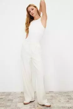 Женские модные новые брюки цвета экрю, широкие плиссированные тканые брюки с высокой талией и широкими штанинами